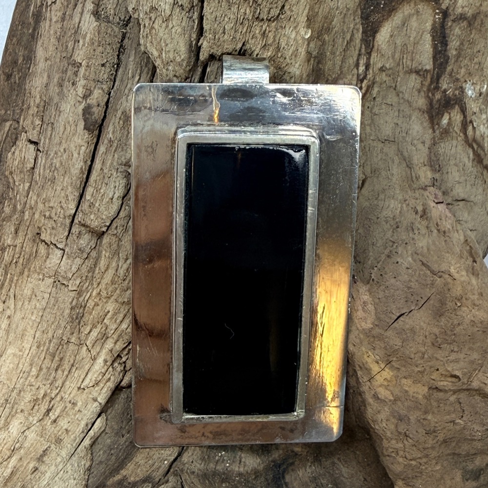 Vintage Sterling Silver Rectangular Black Glass Inlay Modernist Pendant 29.7g